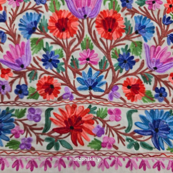 Wool Scarf With Colorful Chain Stitch Embroidery Flowers Vines - Picture 6 of 16